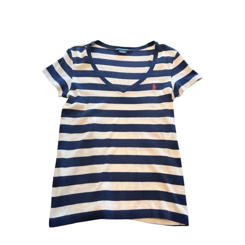 Ralph Lauren Sport Women's Striped Short Sleeve V-Neck T-Shirt White Blue Large